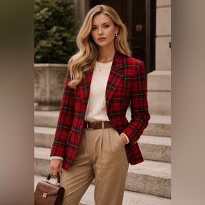 Vintage Pendleton Red Plaid Wool Blazer Jacket Petite 14 USA Made